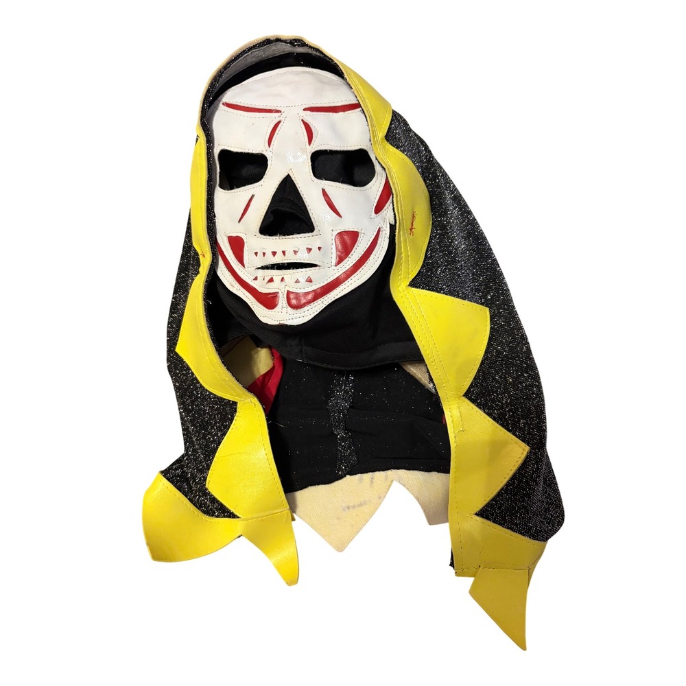 Lucha Libre Wrestling Mask Skull Design Black Glitter Hood Yellow Red White